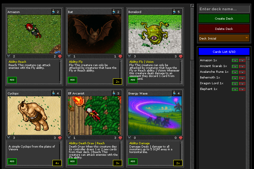 Cartas no grim&oacute;rio com bot&atilde;o ADD e lista do deck