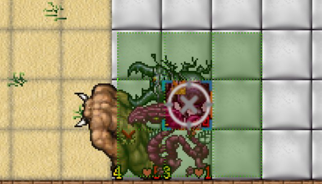 Grelha de SQMs com &aacute;rea de efeito e criaturas