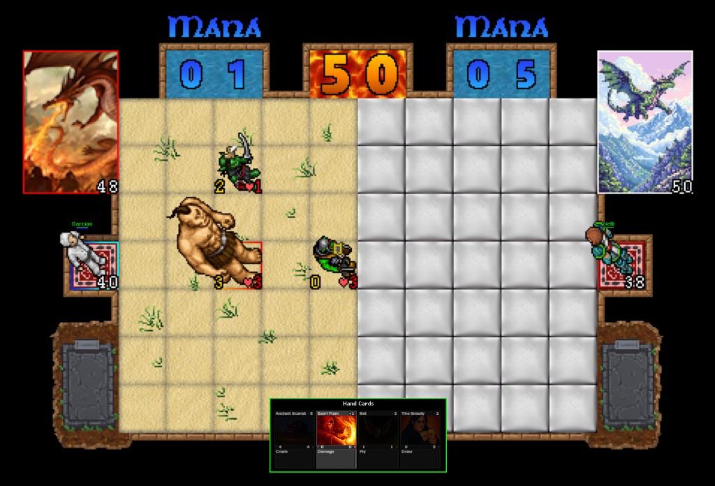 Campo de batalha em grelha com criaturas e m&atilde;o de cartas