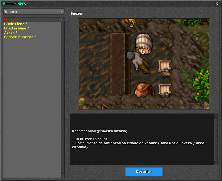 Janela Fases / NPCs: lista de NPCs, recompensas e bot&atilde;o Desafiar