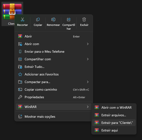 Menu WinRAR: extrair pasta Cliente