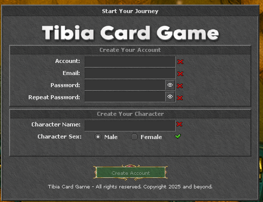 Formul&aacute;rio de cria&ccedil;&atilde;o de conta e personagem